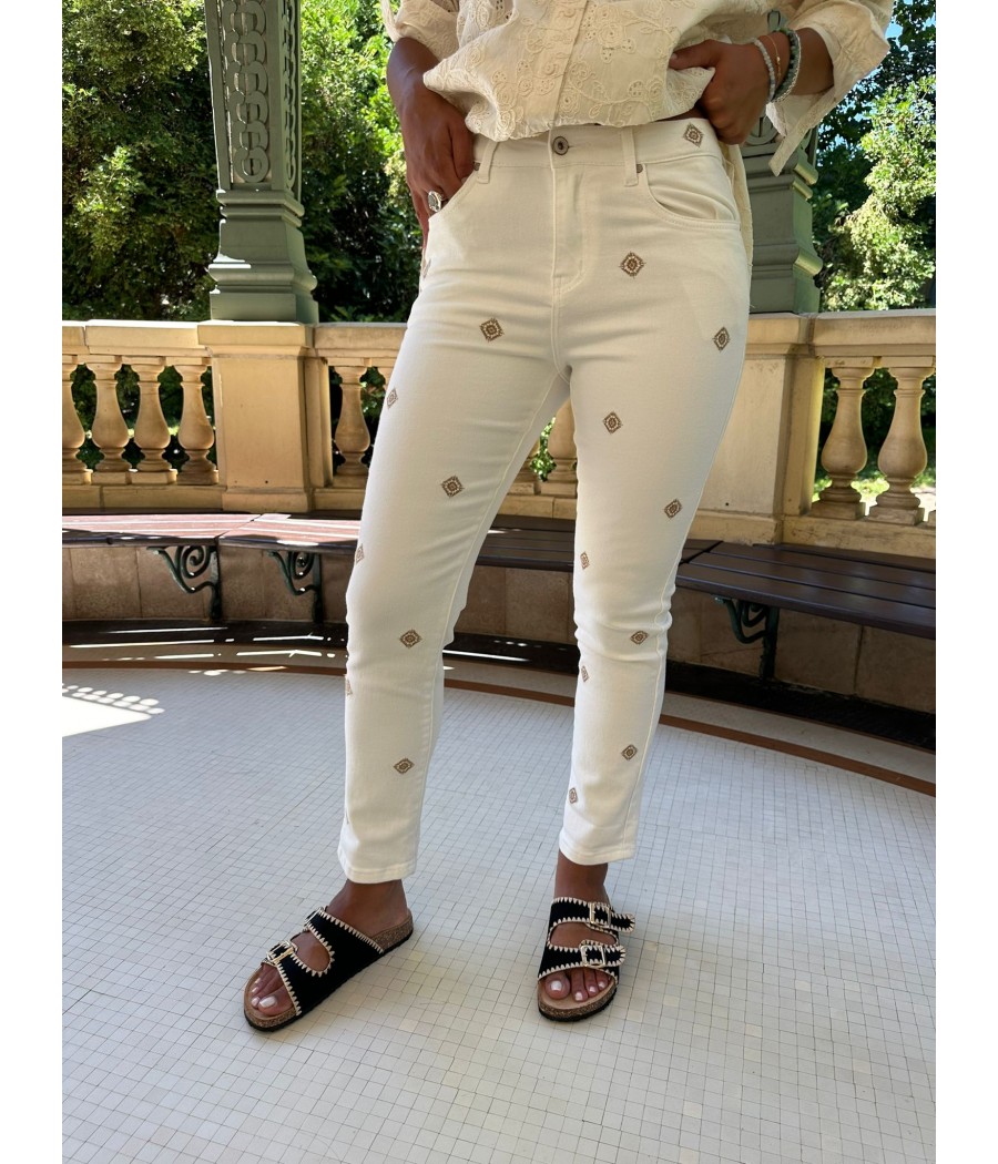 Jeans blanc brodé