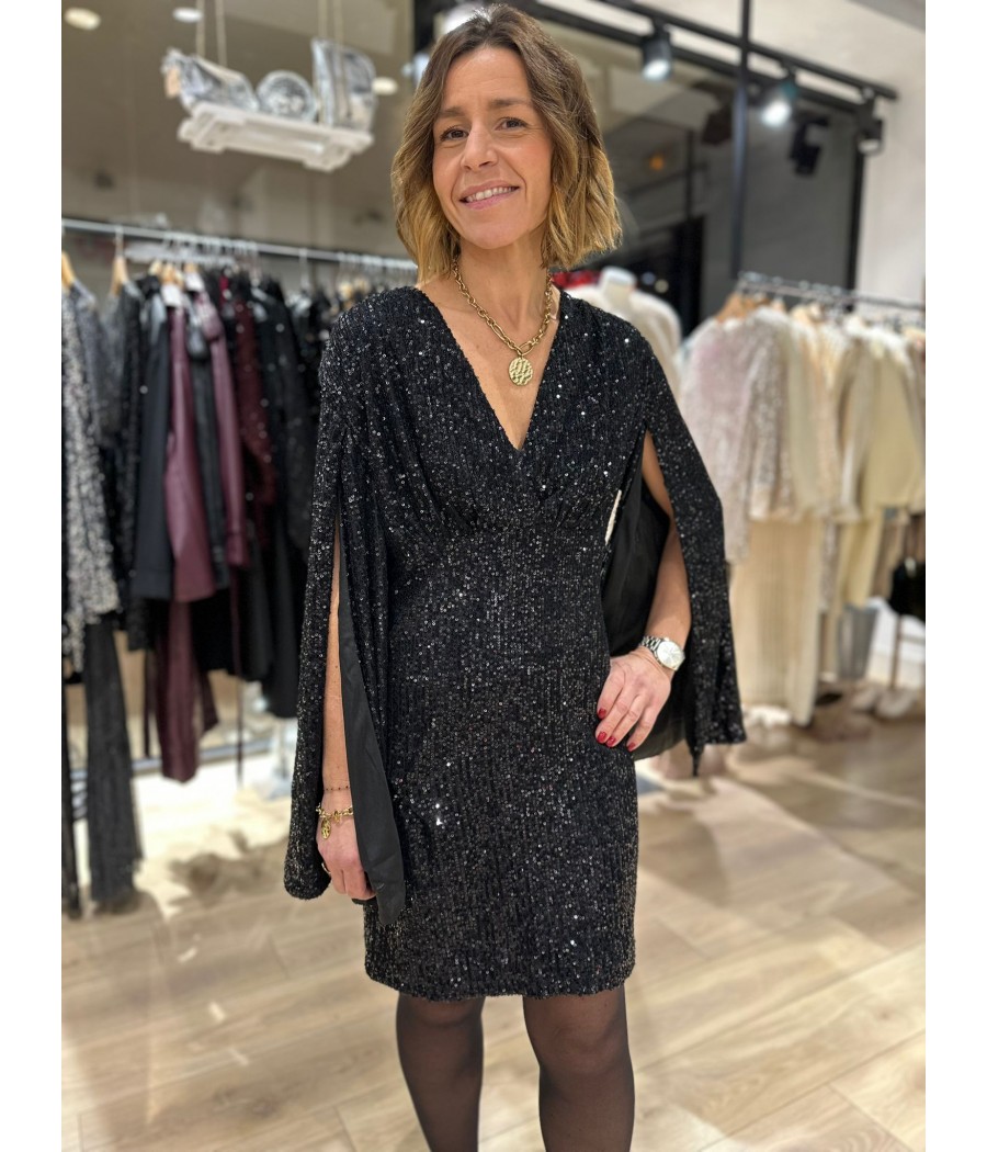 Robe Mi-Long Sequins Noir manches longues ouvertes